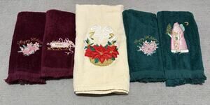 Hand Towel Christmas Lot (5) Satin Embroidered Victorian Saturday Knight Vintage